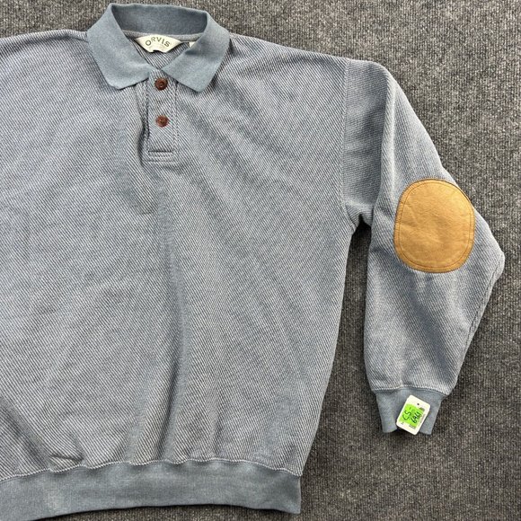 Orvis Men Medium Sweater Leather Elbow Patches Button Up Polo Shirt Pullover - Picture 3 of 11